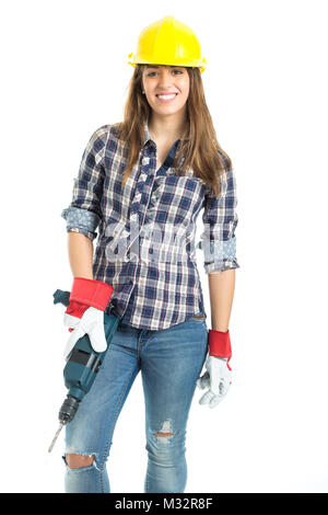 Attraktive junge Frau Builder mit Bohrer Werkzeug für gute Arbeit zufrieden. Auf weissem Hintergrund. Stockfoto