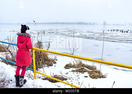 Mädchen Enten beobachten im Winter, Narew Fluss in Serock, Polen Stockfoto