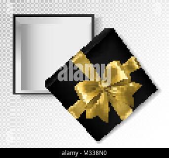 Schwarzer Geschenkkarton mit Gold Band und Bogen - Ansicht von oben Vector Illustration. Realistische 3D-Darstellung Stock Vektor