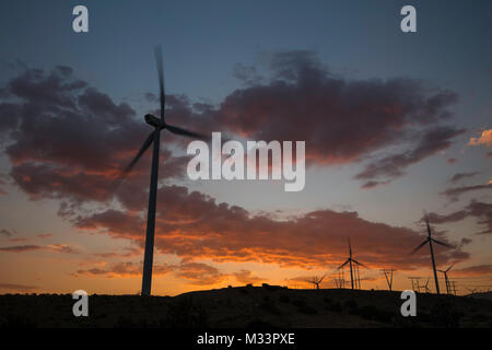 Sonnenuntergang, Windturbinen am Tehachapi Pass Windpark, Kalifornien Stockfoto