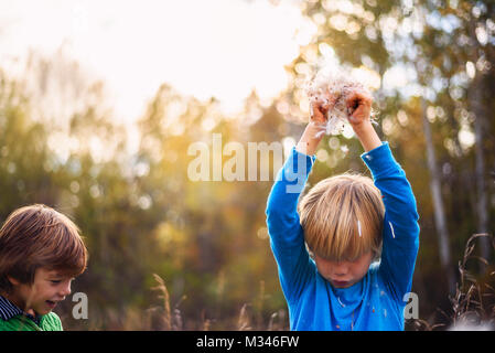 Zwei Jungen stehen in einem Feld spielen mit seidenpflanzen Blumen Stockfoto