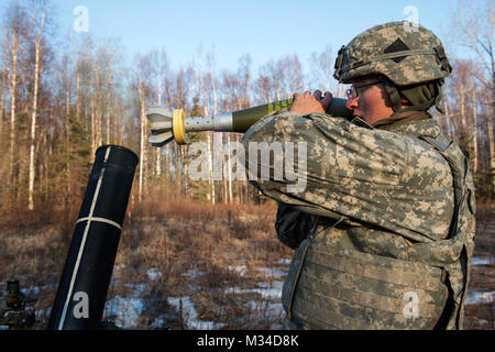 Us-Armee Pvt. Corey Peters, ein Eingeborener von Columbus, Ohio., 1 Battalion (Airborne), 501 Infanterie Regiment, 4 Infantry Brigade Combat Team (Airborne), 25 Infanterie Division, U.S. Army Alaska zugeordnet, lädt die M121 120 mm Mörser, das auf gemeinsamer Basis Elmendorf-Richardson, Alaska, 3. April 2015. Die infanteristen gerichtet genau 81 mm und 120 mm Mörser Feuer auf simulierten feindliche Ziele unter betonte Bedingungen testen Reaktionen, und ihre Beherrschung mit der Crew - Serviert Waffen. (U.S. Air Force Foto/Alejandro Pena) Soldaten verhalten Live Fire Training in Alaska von # FIRMA PACOM Stockfoto