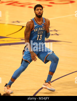 Los Angeles, CA, USA. 8 Feb, 2018. Oklahoma City Thunder, Paul George (13) Während die Oklahoma City Thunder vs Los Angeles Lakers an Staples Center am 8. Februar 2018. (Foto durch Jevone Moore) Credit: Csm/Alamy leben Nachrichten Stockfoto