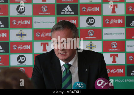 Belfast, UK. 9 Feb, 2018. Nationale Fußball-Stadion im Windsor Park, Belfast, Nordirland. 09. Februar 2018. Die Irish Football Association heute offiziell bekannt gegeben, dass Nordirland Manager Michael O'Neill eine vierjährige Vertragsverlängerung unterzeichnet hatte. Quelle: David Hunter/Alamy leben Nachrichten Stockfoto