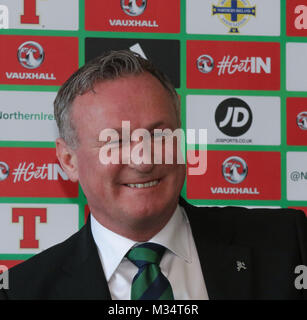 Belfast, UK. 9 Feb, 2018. Nationale Fußball-Stadion im Windsor Park, Belfast, Nordirland. 09. Februar 2018. Die Irish Football Association heute offiziell bekannt gegeben, dass Nordirland Manager Michael O'Neill eine vierjährige Vertragsverlängerung unterzeichnet hatte. Quelle: David Hunter/Alamy leben Nachrichten Stockfoto