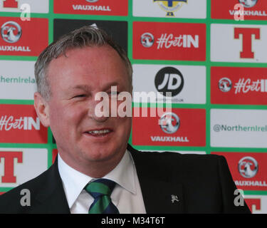 Belfast, UK. 9 Feb, 2018. Nationale Fußball-Stadion im Windsor Park, Belfast, Nordirland. 09. Februar 2018. Die Irish Football Association heute offiziell bekannt gegeben, dass Nordirland Manager Michael O'Neill eine vierjährige Vertragsverlängerung unterzeichnet hatte. Quelle: David Hunter/Alamy leben Nachrichten Stockfoto