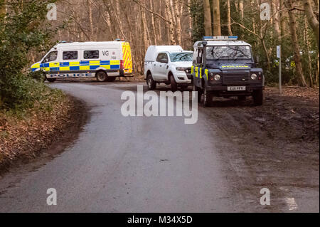 Brentwood, Essex. 9 Feb, 2018. Eine große Essex Polizeieinsatz statt Camp ist eine rechtswidrige Traveller in Thorndon Country Park, Brentwood, Essex. Credit Ian Davidson/Alamy Leben Nachrichten zu entfernen. Stockfoto