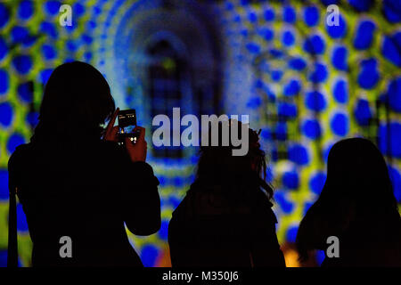 Cambridge, Vereinigtes Königreich. 9. Februar, 2018. Menschenmengen sammeln außerhalb Senat Haus der e-luminate Festival zu erfassen. Richard Etteridge/Alamy leben Nachrichten Stockfoto