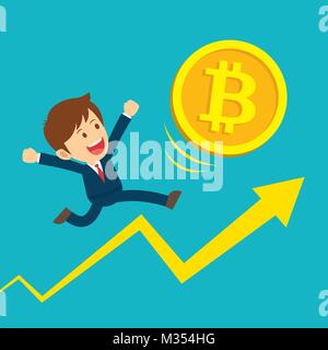 Unternehmer, die auf Graphen sind glücklich am bitcoin Preise. Cryptocurrency markt Konzept. Flache Cartoon Character Design. Stock Vektor