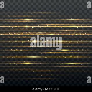 Abstrakte gold Laserstrahlen mit glänzenden Funken auf Transparenten schwarzen Hintergrund isoliert. Vector Illustration Stock Vektor