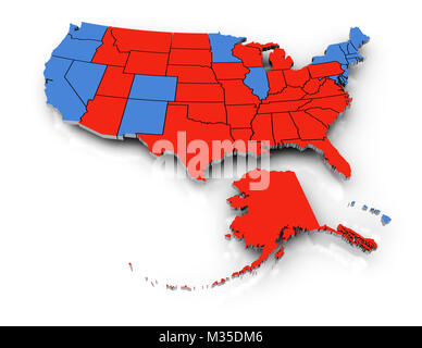 3D-Rendering des US Karte mit der Republikaner und der Demokraten bei den Präsidentschaftswahlen 2016. Stockfoto