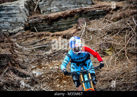 Mehrere Meister downhill-Mountainbike Fahrrad Racer Welt Rachel Atherton. Stockfoto