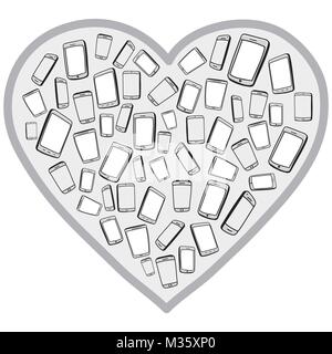 Bunte Mobiltelefone und Tablet-Pcs mit Herz Form/Hand Vector Illustration gezeichnet Stock Vektor