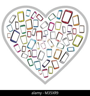 Bunte Mobiltelefone und Tablet-Pcs mit Herz Form/Hand Vector Illustration gezeichnet Stock Vektor