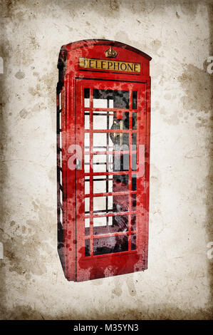 Londons rote Telefonzelle auf Vintage grunge sepia Papier Hintergrund isoliert Stockfoto