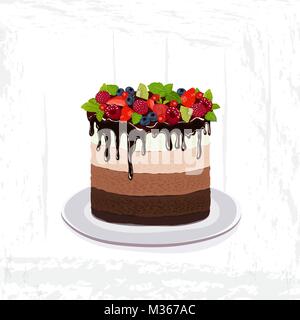 Süße Ñhocolate Kuchen mit Beeren auf weißem Hintergrund. Cartoon Stock Vektor