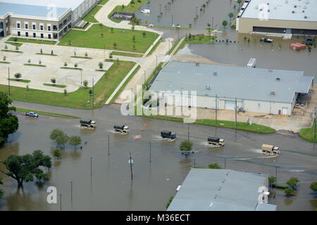 Louisiana Army National Guard und Light-Medium Medium taktische Fahrzeuge transportieren Flut Hilfsgüter entlang US 190 in Denham Springs, 15. August 2016, nach ca. 30 Zoll Niederschlag überflutet Portionen Südostlouisiana Anfang Freitag, 12. August 2016. (Army National Guard Foto von 1 Sgt. Paul Meeker) südlichen Überschwemmungen 160815-Z-NK 476-002 durch Louisiana National Guard Stockfoto