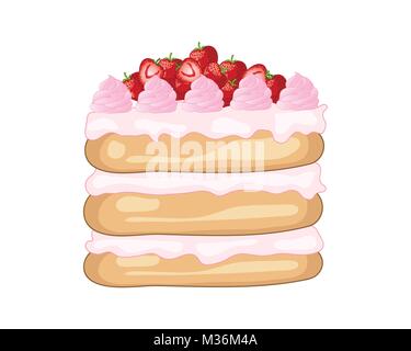 Ein Beispiel für eine 2-in-1-erdbeertorte mit Dekorationen und frischem Obst auf weißem Hintergrund Stock Vektor