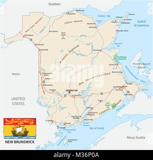 Road Map mit Flagge des Kanada Atlantik Provinz New Brunswick Stock Vektor