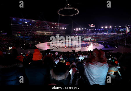 Eine allgemeine Ansicht während der Eröffnungsfeier der Olympischen Spiele 2018 PyeongChang am Olympiastadion PyeongChang in Südkorea. Stockfoto