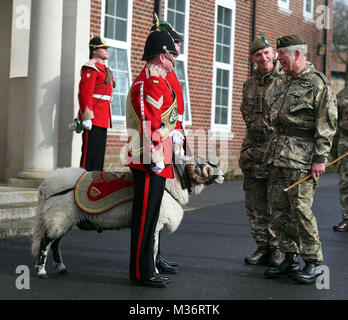 Der Prinz von Wales (rechts) spricht mit Ram-Major, Corporal Philip Thornton (Mitte) mit mercian Regiment Maskottchen Private Derby XXXII, ein swaledale Ram, Ram Ordentlich, Private Lee Bradbury (Mitte hinten), bei bulford Camp in Salisbury bei einem Besuch in der ersten Bataillon der Mercian Regiment zu 10 Jahre als Oberst Mark-in-Chief und 40 Jahre seit dem Werden Oberst-in-chief des Cheshire Regiment. Stockfoto