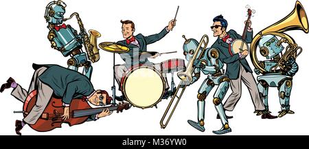 Futuristische Jazz Orchestra von Mensch und Roboter, auf weißem Hintergrund. Pop Art retro Vektor illustration Comic cartoon hand Zeichnung Stock Vektor