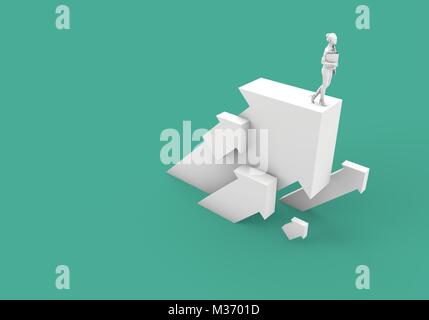 Businessnwoman stehend auf einem weißen Pfeil. Wachstum und Entwicklung Konzept. 3D-Rendering Stockfoto