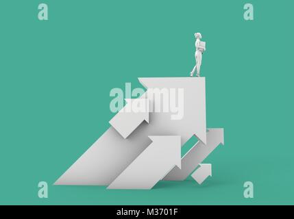 Businessnwoman stehend auf einem weißen Pfeil. Wachstum und Entwicklung Konzept. 3D-Rendering Stockfoto