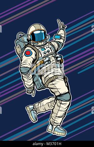 Astronaut Tanzen Disco lustig. Pop Art retro Comic Cartoon Illustration vektor Hand gezeichnet Stock Vektor