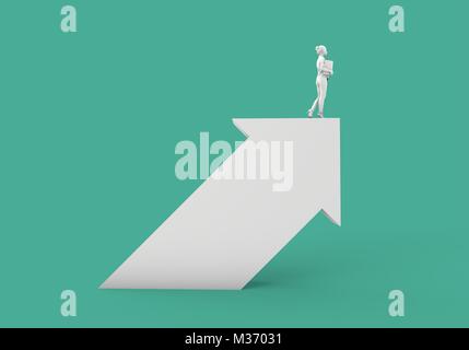 Businessnwoman stehend auf einem weißen Pfeil. Wachstum und Entwicklung Konzept. 3D-Rendering Stockfoto