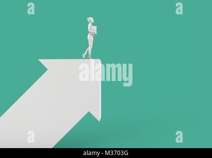 Businessnwoman stehend auf einem weißen Pfeil. Wachstum und Entwicklung Konzept. 3D-Rendering Stockfoto