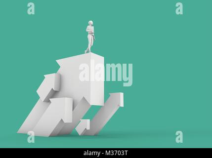 Businessnwoman stehend auf einem weißen Pfeil. Wachstum und Entwicklung Konzept. 3D-Rendering Stockfoto