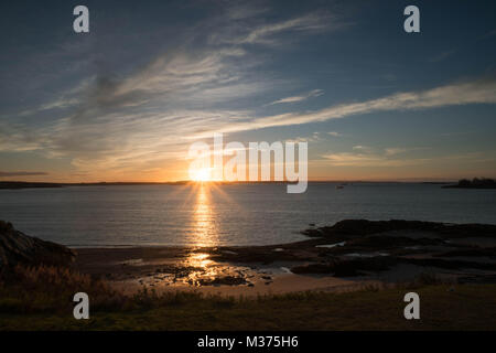 Wunderschöne Meer Sonnenaufgang mit Kelp Betten und Sandstrand im Vordergrund auf der Bucht von Fundy in New Brunswick in Cannada Stockfoto