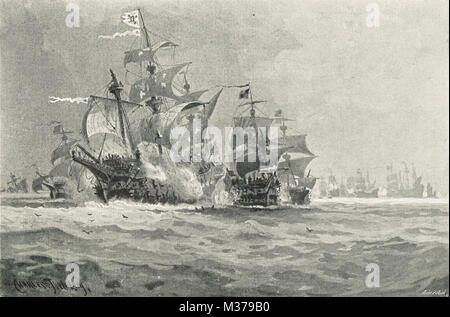 Englische Flotte schießen auf die spanische Armada, 1588 Stockfoto