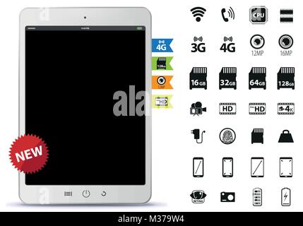 Tablet-PC und Icons Set Vector Illustration Stock Vektor