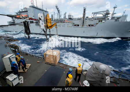 161105-N-UF 697-271 GEWÄSSERN ÖSTLICH VON JAPAN (Nov. 5, 2016) Segler in die Vorwärts-Einsatz der Arleigh-Burke-Klasse geführte Anti-raketen-Zerstörer USS Barry (DDG52) eine Palette aus der Mitte senden - Schiff Nachfüllstation der militärischen Sealift Command (MSC) Dry Cargo und Munition Ship USNS Charles Drew (T-AKE 10) während eine Auffüll-anforderung auf See als Teil des scharfen Schwert 17 (KS 17). KS 17 Eine Biennale ist, Vorsitzende des Generalstabs, US Pacific Command-gesponserten Bereich Training (Ftx). KS 17 ist entworfen, um die gegenseitige Verteidigung gegen Ziele durch die Erhöhung der Bereitschaft und der Interope zu erfüllen Stockfoto