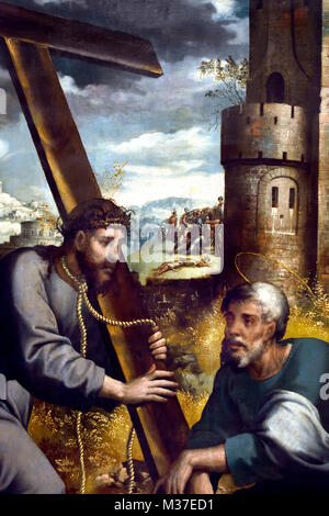 Christus erscheint dem hl. Petrus an der Via Appia, (Quo Vadis) 1550 Diogo de Contreiras 1521-1563 aus dem 16. Jahrhundert Portugal, Portugiesisch (Kirche von Sao Bras, Campanario Bischofssitz) Stockfoto