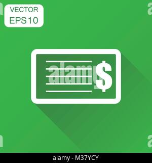 Prüfen Sie das Symbol für Geld. Geschäftskonzept banking Scheckheft Piktogramm. Vector Illustration auf grünem Hintergrund mit langen Schatten. Stock Vektor