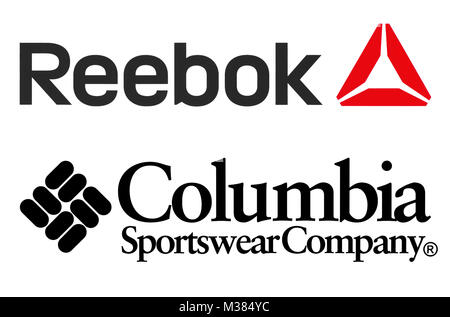 Kiew, Ukraine - September 11, 2017: Sammlung von beliebten Sportswear fertigt Logos auf Papier gedruckt: Reebok und Kolumbien Stockfoto