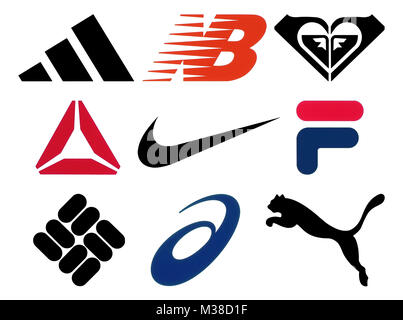 Kiew, Ukraine - Oktober 27, 2017: Set der beliebten Sportswear fertigt Logos auf Papier gedruckt: Adidas, New Balance, Roxy, Reebok, Nike, Fila, Columb Stockfoto