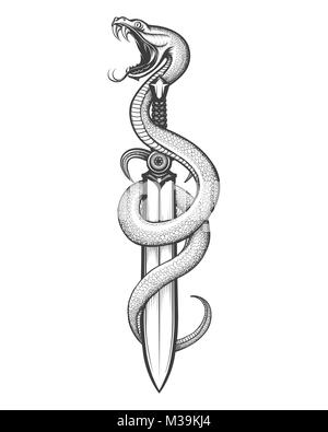 Schlange und Schwert in Tattoo Stil gezeichnet. Vector Illustration. Stock Vektor