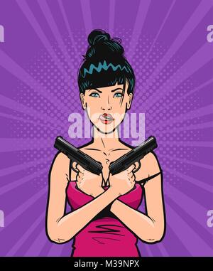 Schöne kühle Mädchen oder Junge Frau mit Waffe in der Hand. Pop Art retro Comic Stil. Cartoon Vector Illustration Stock Vektor