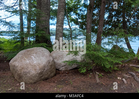 Ruhige Szene in der Nähe der Wasser, Felsen und eine Absicherung der Bäume. Das Foto wurde Sebec Lake in Maine, während ich im Urlaub war. Stockfoto