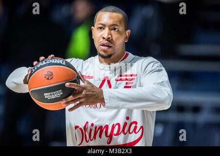 Belgrad, Serbien. 9. Februar 2018, Aleksandar Nikolic Hall, Belgrad, Serbien; Euroleague Basketball, Crvenz Zvezda mts Belgrad vs. AX Armani Exchange Olimpia Mailand; Guard Andrew Goudelock von AX Armani Exchange Olimpia Mailand Aufwärmen vor dem Start des Spiels Credit: Nikola Krstic/Alamy leben Nachrichten Stockfoto