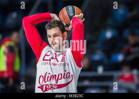 Belgrad, Serbien. 9. Februar 2018, Aleksandar Nikolic Hall, Belgrad, Serbien; Euroleague Basketball, Crvenz Zvezda mts Belgrad vs. AX Armani Exchange Olimpia Mailand; vorwärts Vladimir Micov von AX Armani Exchange Olimpia Mailand Aufwärmen vor dem Start des Spiels Credit: Nikola Krstic/Alamy leben Nachrichten Stockfoto