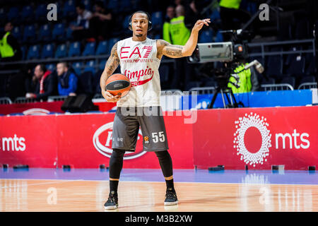 Belgrad, Serbien. 9. Februar 2018, Aleksandar Nikolic Hall, Belgrad, Serbien; Euroleague Basketball, Crvenz Zvezda mts Belgrad vs. AX Armani Exchange Olimpia Mailand; Guard Curtis Jerrells von AX Armani Exchange Olimpia Mailand Aufwärmen vor dem Start des Spiels Credit: Nikola Krstic/Alamy leben Nachrichten Stockfoto