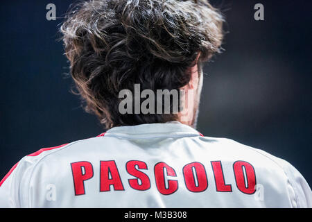 Belgrad, Serbien. 9. Februar 2018, Aleksandar Nikolic Hall, Belgrad, Serbien; Euroleague Basketball, Crvenz Zvezda mts Belgrad vs. AX Armani Exchange Olimpia Mailand; Blick auf die t-shirt Vorwärts Davide Pascolo von AX Armani Exchange Olimpia Mailand Credit: Nikola Krstic/Alamy leben Nachrichten Stockfoto