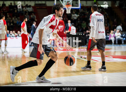 Belgrad, Serbien. 9. Februar 2018, Aleksandar Nikolic Hall, Belgrad, Serbien; Euroleague Basketball, Crvenz Zvezda mts Belgrad vs. AX Armani Exchange Olimpia Mailand; vorwärts Davide Pascolo von AX Armani Exchange Olimpia Mailand Aufwärmen vor dem Spiel Quelle: Nikola Krstic/Alamy leben Nachrichten Stockfoto