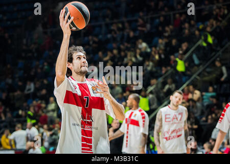 Belgrad, Serbien. 9. Februar 2018, Aleksandar Nikolic Hall, Belgrad, Serbien; Euroleague Basketball, Crvenz Zvezda mts Belgrad vs. AX Armani Exchange Olimpia Mailand; vorwärts Davide Pascolo von AX Armani Exchange Olimpia Mailand Aufwärmen vor dem Spiel Quelle: Nikola Krstic/Alamy leben Nachrichten Stockfoto