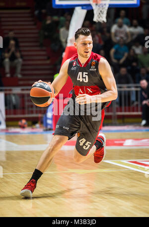 9. Februar 2018, Aleksandar Nikolic Hall, Belgrad, Serbien; Euroleague Basketball, Crvenz Zvezda mts Belgrad vs. AX Armani Exchange Olimpia Mailand; Guard Dairis Bertans von AX Armani Exchange Olimpia Mailand in Aktion mit der Kugel Stockfoto